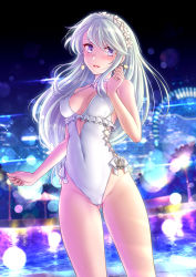Rule 34 | 1girl, absurdres, asymmetrical bangs, blue hairband, blush, breasts, casual one-piece swimsuit, covered navel, cowboy shot, earrings, food-themed earrings, food themed earrings, gluteal fold, grey hair, hairband, highleg, highleg swimsuit, highres, jewelry, kantai collection, lemon earrings, lights, long hair, night, official alternate costume, one-piece swimsuit, open mouth, pool, purple eyes, reflection, ryu-akt, sagiri (kancolle), side-tie swimsuit, small breasts, solo, swept bangs, swimsuit, water, white one-piece swimsuit