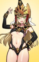 Rule 34 | 10s, 1girl, black leotard, blonde hair, blush, breasts, bridal gauntlets, center opening, chain, chest harness, cleavage, collarbone, cosplay, detached sleeves, fate/extra, fate/grand order, fate (series), gradient background, green eyes, hand on own hip, hand up, harness, helmet, hip focus, leotard, long hair, looking at viewer, medium breasts, navel, nero claudius (fate), nero claudius (fate) (all), nero claudius (fate/extra), open mouth, revealing clothes, ribbon, romulus (fate), romulus (fate) (cosplay), simple background, smile, solo, standing, thighs, underboob, white background, white ribbon, yellow background, yurizuka (sergeant heart)