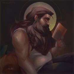 Rule 34 | 1boy, alternate costume, beard, beard over mouth, belly, book, brown theme, closed eyes, cowboy shot, dungeon meshi, dwarf, facial hair, from side, holding, holding book, huge eyebrows, long beard, male focus, mintysammys, mustache, pants, profile, pumpkin, senshi (dungeon meshi), shirt, sleeveless, sleeveless shirt, solo, thick mustache, very long beard