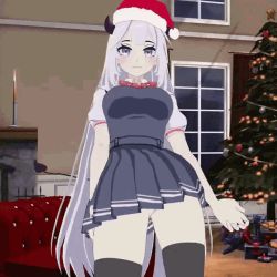 Rule 34 | 1girl, animated, animated gif, bow, breasts, christmas tree, couch, dancing, demon tail, eyelashes, gift, grey eyes, hat, horns, long hair, looking at viewer, medium breasts, red bow, santa hat, school uniform, silver hair, skirt, solo, tail, thighhighs, vei (vtuber), very long hair, virtual youtuber, vshojo