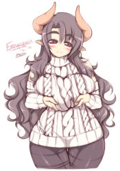 Rule 34 | 00s, 1girl, 2008, akatsuki francesca, aran sweater, black hair, blush, grabbing another&#039;s breast, breast hold, breasts, brown hair, cable knit, curvy, demon girl, detached sleeves, dress, grabbing, halterneck, hip focus, horns, huge breasts, large breasts, long hair, mature female, mel/a, original, pantyhose, plump, pointy ears, red eyes, smile, solo, sweater, sweater dress, thighband pantyhose, wide hips