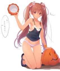 Rule 34 | 10s, 1girl, blush, body blush, brown hair, camisole, groin, halloween costume, kantai collection, libeccio (kancolle), md5 mismatch, no bra, panties, pumpkin, resized, resolution mismatch, solo, source larger, striped clothes, striped panties, tan, tanline, tebi (tbd11), twintails, underwear