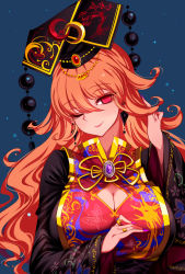 Rule 34 | 1girl, absurdres, black dress, blonde hair, blue background, breasts, chinese clothes, cleavage, cleavage cutout, closed mouth, clothing cutout, dress, fingernails, hand in own hair, hand up, hat, highres, jewelry, junko (touhou), large breasts, long fingernails, long hair, long sleeves, looking at viewer, one eye closed, raptor7, red eyes, ring, simple background, smile, solo, tabard, touhou, wide sleeves