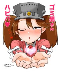 Rule 34 | 1girl, blowing kiss, blush, brown eyes, brown hair, dated, heart, kantai collection, looking at viewer, noumiso, one eye closed, parted lips, reaching, reaching towards viewer, ryuujou (kancolle), sanpaku, signature, simple background, smile, solo, tomoe (symbol), translation request, twintails, upper body, white background