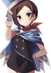 Rule 34 | 1girl, ace attorney, adjusting clothes, adjusting headwear, blue cape, blue eyes, blue hat, blush, brown hair, cape, earrings, gloves, hand on own hip, hat, highres, jewelry, natsume suzuri, red scarf, scarf, short hair, simple background, smile, solo, top hat, trucy wright, white background, white gloves