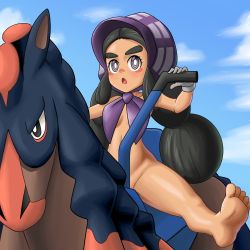 Rule 34 | 1girl, barefoot, black eyes, black hair, blue background, blue sky, blush, bonnet, breasts, cloud, collarbone, creatures (company), dark skin, day, feet, forehead, game freak, gen 7 pokemon, gloves, grey gloves, hands up, hapu (pokemon), highres, horse, horseback riding, island kahuna, long hair, mudsdale, nintendo, nude, open mouth, outdoors, pokemon, pokemon (creature), pokemon sm, purple eyes, purple headwear, riding, saddle, shiny skin, shougun (chuckni1), simple background, sky, small breasts, soles, solo focus, spread legs, thick eyebrows, toes, twintails