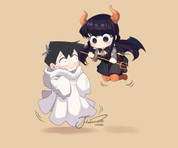 Rule 34 | 1boy, 1girl, absurdres, artist name, black dress, black hair, black scrunchie, black wings, breasts, chibi, cleavage, closed mouth, commentary, dress, flower, full body, ghost costume, hair flower, hair ornament, hair scrunchie, halloween, highres, horns, j humbo, komi-san wa komyushou desu, komi shouko, long sleeves, looking at another, low twintails, medium breasts, motion lines, neck ribbon, no mouth, no nose, orange horns, orange pantyhose, orange ribbon, pantyhose, raised eyebrows, ribbon, scrunchie, short hair, signature, simple background, sleeves past fingers, sleeves past wrists, swept bangs, symbol-only commentary, tadano hitohito, twintails, wings