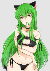 Rule 34 | 1girl, :3, animal ears, bare shoulders, bell, black bra, black panties, blush, bra, breast hold, breasts, c.c., cat cutout, cat ear panties, cat ears, cat girl, cat lingerie, choker, cleavage, cleavage cutout, clothing cutout, code geass, collarbone, female focus, green hair, hair between eyes, hair in own mouth, hair over breasts, highres, jingle bell, large breasts, lingerie, long hair, looking at viewer, max melon, meme attire, mouth hold, navel, neck, off shoulder, panties, side-tie panties, smile, solo, strap slip, underwear, underwear only, very long hair, yellow eyes