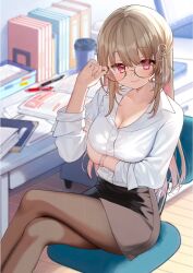 Rule 34 | 1girl, adjusting eyewear, arm under breasts, black pantyhose, black skirt, blurry, blurry background, breasts, brown hair, chair, cleavage, closed mouth, collarbone, collared shirt, commentary request, commission, crossed legs, file, hair ornament, highres, large breasts, long hair, long sleeves, office, office chair, office lady, original, pantyhose, parted bangs, pencil skirt, red eyes, round eyewear, shirt, sitting, skeb commission, skirt, sleeves rolled up, smile, swivel chair, toramaru (toramal9831), white shirt, yellow-framed eyewear