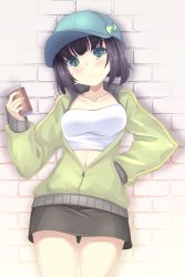Rule 34 | 1girl, aqua hat, baseball cap, black hair, black skirt, blush, brick wall, closed mouth, collarbone, commentary request, cowboy shot, crop top, cup, green eyes, green jacket, hat, head tilt, highres, holding, holding cup, jacket, kyoumachi seika, looking at viewer, miniskirt, open clothes, open jacket, short hair, skirt, solo, sumikaze, track jacket, voiceroid, wall
