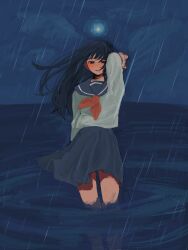 1girl black_hair blue_sailor_collar blue_skirt highres long_hair moon night ocean open_mouth original partially_submerged rain sailor_collar school_uniform serafuku shirt skirt smile solo tanaka505 white_shirt