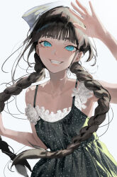 Rule 34 | 1girl, absurdres, bare shoulders, black hair, blue eyes, blunt bangs, braid, collarbone, dress, frills, green dress, grin, head scarf, highres, kanashi kumo, long hair, looking at viewer, original, simple background, smile, solo, sundress, twin braids, upper body, very long hair, white background