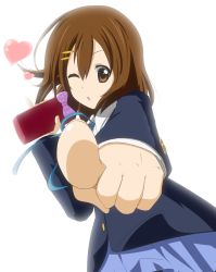 Rule 34 | 00s, 1girl, brown eyes, brown hair, female focus, foreshortening, gift, gradient background, heart, highres, hirasawa yui, igashiko, k-on!, one eye closed, pencil case, pointing, short hair, simple background, solo, utauyo miracle, white background, wink