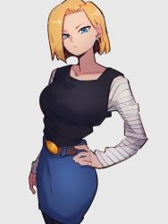 Rule 34 | 1girl, android 18, belt, black shirt, blonde hair, blue eyes, blue shorts, brown belt, closed mouth, collarbone, dragon ball, dragonball z, earrings, grey background, hand on own hip, jewelry, kemachiku, long sleeves, looking at viewer, pantyhose, shirt, short hair, shorts, simple background, solo, striped, striped sleeves