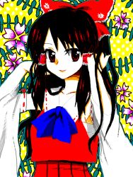 Rule 34 | 1girl, bad id, bad pixiv id, blush, bow, brown hair, collar, collarbone, cowboy shot, detached sleeves, female focus, flower, hair bow, hair tubes, hakurei reimu, japanese clothes, long sleeves, looking at viewer, miko, mot, phantasmagoria of flower view, pleated skirt, red bow, red eyes, red skirt, sidelocks, skirt, smile, solo, touhou, vest
