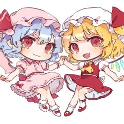 Rule 34 | 2girls, :d, ascot, bat wings, blonde hair, blue hair, bow, chibi, crystal, fang, flandre scarlet, full body, hat, holding hands, jewelry, looking at viewer, mary janes, mob cap, multiple girls, one side up, open mouth, petticoat, pointy ears, puffy short sleeves, puffy sleeves, red bow, red eyes, red footwear, red ribbon, red skirt, red vest, remilia scarlet, ribbon, shoes, short hair, short sleeves, siblings, sisters, skin fang, skirt, skirt set, smile, socks, teruteru (teru teru), touhou, vest, white background, white socks, wings
