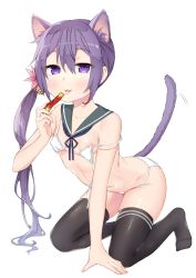 Rule 34 | 1girl, absurdres, akebono (kancolle), akebono kai ni (kancolle), all fours, animal ears, bell, bikini, black thighhighs, cat ears, cat tail, detached collar, extra ears, flat chest, flower, grey sailor collar, hair bell, hair flower, hair ornament, highres, jingle bell, kantai collection, long hair, micro bikini, purple eyes, purple hair, sailor collar, side ponytail, simple background, solo, swimsuit, tail, thighhighs, tongue, tongue out, untied bikini, very long hair, white background, white bikini, yuuzaki