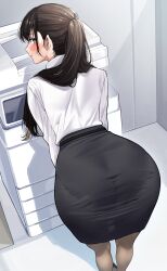 Rule 34 | 1girl, absurdres, ass, bent over, black skirt, blue eyes, blush, brown hair, collared shirt, commission, dress shirt, highres, long hair, long sleeves, looking at viewer, looking back, office lady, original, pantylines, pencil skirt, photocopier, pixiv commission, ponytail, pout, printer, shirt, sino42, skirt, solo, white shirt