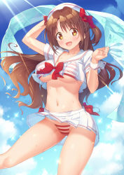 Rule 34 | 1girl, :d, arm up, bare arms, bare shoulders, beret, bikini, bow, breasts, brown hair, cameltoe, cleavage, collarbone, crop top, crop top overhang, day, front-tie bikini top, front-tie top, halterneck, hand up, hat, highres, holding, idolmaster, idolmaster cinderella girls, kazuma (kazumav), large breasts, midriff, miniskirt, navel, one side up, open mouth, orange eyes, outdoors, pleated skirt, red bow, sailor collar, shimamura uzuki, shirt, skirt, smile, solo, stomach, string bikini, striped bikini, striped clothes, sunlight, swimsuit, thighs, towel, underboob, wet, white hat, white shirt, white skirt