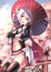 Rule 34 | 1girl, bad id, bad pixiv id, blush, breasts, center opening, cherry blossoms, cleavage, cleavage cutout, clothing cutout, edea cluster, fence, hair ornament, hair rings, headgear, highres, long hair, looking at viewer, matoi (pso2), navel, oil-paper umbrella, open mouth, phantasy star, phantasy star online 2, red eyes, saraki, silver hair, sky, smile, solo, thighhighs, tree, umbrella