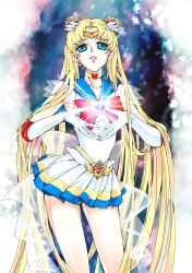 Rule 34 | 1girl, belt, bishoujo senshi sailor moon, bishoujo senshi sailor moon supers, blonde hair, blue eyes, blue sailor collar, bow, brooch, choker, double bun, earrings, elbow gloves, gem, gloves, glowing, hair bun, hair ornament, hairclip, heart, heart brooch, highres, jewelry, long hair, maboroshi no ginzuishou, miryusaykaz, multicolored clothes, multicolored skirt, parted lips, pleated skirt, red bow, sailor collar, sailor moon, see-through, skirt, solo, super sailor moon, tsukino usagi, very long hair, white gloves