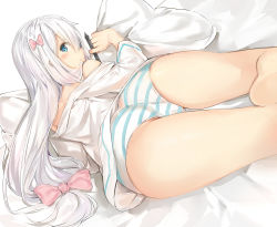 Rule 34 | 10s, 1girl, ass, bare legs, barefoot, bed, bed sheet, blue eyes, bow, eromanga sensei, from behind, frown, hair between eyes, hair bow, highres, izumi sagiri, long hair, looking at viewer, lying, on stomach, open mouth, panties, silver (chenwen), silver hair, solo, striped clothes, striped panties, thighs, underwear