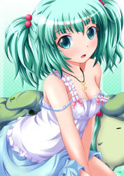 Rule 34 | 1girl, backpack, bag, blue bra, bra, breasts, cleavage, collarbone, female focus, green eyes, green hair, hair bobbles, hair ornament, highres, jacket, unworn jacket, jewelry, kawashiro nitori, key, looking at viewer, matching hair/eyes, neats, necklace, no headwear, no headwear, off shoulder, open mouth, sitting, skirt, solo, strap slip, touhou, twintails, two side up, undershirt, underwear, v arms