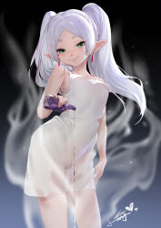 Rule 34 | 1girl, absurdres, bottle, closed mouth, earrings, elf, frieren, green eyes, grey hair, highres, holding, holding bottle, jewelry, nightgown, pointy ears, smile, solo, sousou no frieren, spilling, twintails, white nightgown, xiaoyu