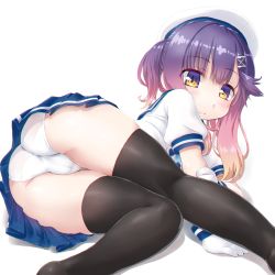 Rule 34 | 1girl, ass, beret, black thighhighs, blue sailor collar, blue skirt, blush, brown hair, cleft of venus, closed mouth, commentary request, dd (ijigendd), gloves, gradient hair, hair between eyes, hair ornament, hat, highres, kantai collection, long hair, looking at viewer, lying, multicolored hair, on side, panties, pleated skirt, puffy short sleeves, puffy sleeves, purple eyes, purple hair, sailor collar, school uniform, serafuku, shirt, short sleeves, skirt, solo, thighhighs, tsushima (kancolle), underwear, white background, white gloves, white hat, white panties, white shirt, x hair ornament
