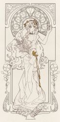 Rule 34 | 1girl, absurdres, art nouveau, bouquet, closed mouth, crescent, crescent hair ornament, dress, druvis iii, flower, full body, hair ornament, hand up, highres, holding, holding bouquet, leaf hair ornament, lineart, long dress, long hair, looking to the side, mistletoe, monochrome, procreate (medium), reverse:1999, side slit, solo, spot color, very long hair, white flower, zhuyingmiao