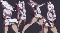 Rule 34 | 1girl, animal ears, arm behind head, arm up, ass, belt, black belt, black footwear, black necktie, black pantyhose, blazer, buttons, collared shirt, crossed arms, dress shirt, dual wielding, facing away, formal, fox ears, fox girl, fox tail, from above, from behind, full body, gluteal fold, grey background, grey shirt, grey skirt, holding, holding weapon, jacket, kageshio (276006), kicking, kunai, leg up, legs, legs apart, long sleeves, looking at viewer, looking to the side, looking up, miniskirt, multiple views, necktie, original, outstretched leg, pantyhose, parted lips, pencil skirt, pocket, sekka (kageshio), serious, shirt, shoes, side slit, simple background, skirt, skirt suit, standing, suit, tail, thighband pantyhose, thighs, toned, w, weapon, wind, wind lift, wing collar