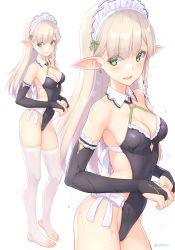 Rule 34 | 1girl, bare shoulders, blonde hair, blunt bangs, blush, breasts, cleavage, cleavage cutout, closed mouth, clothing cutout, commentary request, dan (kumadan), detached collar, elbow gloves, elf, frills, full body, gloves, green eyes, groin, highres, jewelry, leotard, long hair, looking at viewer, maid, maid headdress, medium breasts, mole, mole on breast, multiple views, original, pointy ears, revision, simple background, skindentation, smile, standing, thighhighs, toeless legwear, wet, wet clothes, white background, white thighhighs