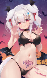 Rule 34 | 1girl, :q, artist name, bare arms, bare shoulders, bat (animal), bat wings, bikini, black bikini, black collar, blush, body writing, breasts, claw pose, collar, commentary, commission, cowboy shot, female focus, hair between eyes, hair ornament, halloween, happy halloween, heart, heart o-ring, heart tattoo, highres, large breasts, looking at viewer, low wings, medium hair, nail polish, navel, o-ring, o-ring top, orange sky, original, pink nails, pubic tattoo, red eyes, sese nagi, signature, skeb commission, sky, solo, star (sky), star (symbol), star hair ornament, stomach, swimsuit, symbol-only commentary, tattoo, thank you, thighs, tongue, tongue out, twilight, twintails, v-shaped eyebrows, variant set, white hair, wings