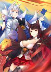 Rule 34 | &gt;:), absurdres, akagi (azur lane), animal ears, artist request, azur lane, black hair, blue eyes, blunt bangs, breasts, cleavage, collarbone, cowboy shot, foreshortening, fox ears, fox mask, fox tail, hakama, hakama short skirt, hakama skirt, highres, japanese clothes, kaga (azur lane), large breasts, long hair, long sleeves, looking at viewer, mask, multiple tails, parted lips, red eyes, shikigami, short hair, silver hair, skirt, smile, tail, v-shaped eyebrows, wide sleeves