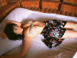 Rule 34 | 1girl, bed, bikini, bikini top only, breasts, cleavage, female focus, indoors, lying, photo (medium), sato hiroki, skirt, solo, swimsuit, ysweb vol 32