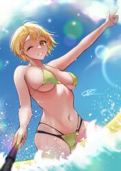 Rule 34 | 1girl, bikini, blonde hair, breasts, brown eyes, c (theta), commentary request, day, fukuda noriko, highres, holding, holding stick, idolmaster, idolmaster million live!, large breasts, looking at viewer, multi-strapped bikini bottom, one eye closed, outstretched arm, parted lips, selfie stick, short hair, signature, solo, stick, swimsuit, water