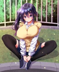Rule 34 | 1girl, black footwear, black thighhighs, blue shorts, breasts, character request, collared shirt, day, dress shirt, ginrin voice, hair between eyes, highres, large breasts, long hair, long sleeves, looking at viewer, mokufuu, on grass, outdoors, purple eyes, purple hair, railing, shirt, shoes, short shorts, shorts, side ponytail, sidelocks, signature, sitting, solo, sweater vest, thighhighs, white shirt