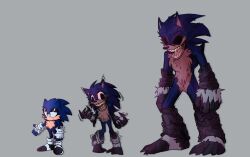 Rule 34 | angry, black eyes, character sheet, claws, fingerless gloves, gloves, half-closed eyes, highres, hog the tenrec, open mouth, pain, scorched (sonic.exe), serious, sharp teeth, size comparison, size difference, smile, snoopierkid, sonic.exe, sonic (series), sonic the hedgehog, teeth, transformation, white gloves