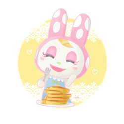 Rule 34 | 1girl, animal crossing, artist request, blonde hair, rabbit, chrissy (animal crossing), closed eyes, food, furry, furry female, nintendo, open mouth, pancake, solo