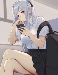 Rule 34 | 1girl, 3 small spiders, absurdres, ak-12 (girls&#039; frontline), alternate costume, black skirt, braid, cellphone, collared shirt, commentary request, crossed legs, french braid, from below, girls&#039; frontline, highres, holding, holding phone, long hair, looking at viewer, looking down, phone, pleated skirt, red eyes, shirt, shirt tucked in, short sleeves, sidelocks, sitting, skirt, smartphone, smile, solo, white hair, white shirt