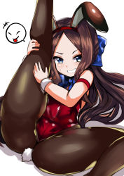 Rule 34 | 1girl, absurdres, alternate costume, animal ears, ass, bare shoulders, black pantyhose, blue bow, blue eyes, blush, bow, breasts, brown hair, detached collar, fake animal ears, fate/grand order, fate (series), forehead, grin, hair bow, highres, leg up, leonardo da vinci (fate), leonardo da vinci (fate/grand order), leonardo da vinci (rider) (fate), leotard, long hair, looking at viewer, pantyhose, parted bangs, playboy bunny, rabbit ears, rabbit tail, red leotard, senbon tsuki, small breasts, smile, spread legs, strapless, strapless leotard, tail, thighs, wrist cuffs