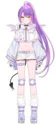 Rule 34 | 1girl, absurdres, belt, black collar, buckle, collar, cropped jacket, demon tail, demon wings, drawstring, green eyes, grey belt, highres, hololive, hood, hooded jacket, jacket, jewelry, knee pads, long hair, long sleeves, looking at viewer, loose socks, midriff, multicolored hair, navel, o-ring, o-ring thigh strap, official alternate costume, piercing, pink hair, ponytail, puffy long sleeves, puffy sleeves, purple hair, ring, roller skates, sakura yunuto, short shorts, shorts, side slit, simple background, skates, sleeves past wrists, snap-fit buckle, socks, solo, standing, streaked hair, swept bangs, tachi-e, tail, tail ornament, tail piercing, thigh belt, thigh strap, tokoyami towa, tokoyami towa (5th costume), very long hair, virtual youtuber, white background, white jacket, white shorts, white wings, wings, zipper, zipper pull tab