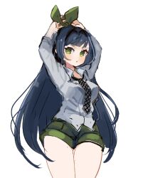 Rule 34 | 1girl, arms up, blue hair, character request, closed mouth, collared shirt, commentary request, copyright request, cowboy shot, green eyes, green ribbon, green shorts, grey necktie, grey shirt, hair ribbon, light blush, long hair, long sleeves, looking at viewer, muff (omochilab), necktie, plaid, plaid necktie, ribbon, shirt, short shorts, shorts, simple background, solo, unfinished, very long hair, white background