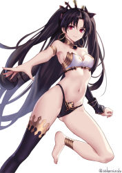 Rule 34 | 1girl, anklet, armlet, asymmetrical legwear, asymmetrical sleeves, bare shoulders, barefoot, bikini, black bikini, black bow, black hair, bow, breasts, closed mouth, detached collar, detached sleeves, earrings, fate/grand order, fate (series), hair bow, highleg, highleg bikini, hoop earrings, ishtar (fate), jewelry, long hair, looking at viewer, medium breasts, midriff, mismatched bikini, naughty face, navel, neck, neck ring, outstretched arm, parted bangs, red eyes, revealing clothes, sakanasoko, simple background, single detached sleeve, single thighhigh, smile, solo, strapless, strapless bikini, swimsuit, thighhighs, tiara, two side up, uneven legwear, uneven sleeves, white background, white bikini