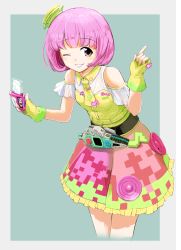 Rule 34 | 1girl, bare shoulders, beamed eighth notes, belt, black belt, bob cut, border, breasts, cowboy shot, eighth note, fading, fingerless gloves, flipped hair, frilled skirt, frills, gloves, grin, hands up, highres, holding, index finger raised, kamen rider, kamen rider ex-aid (series), leaning forward, legs together, lips, mole, mole under eye, momo (higanbana and girl), musical note, necktie, one eye closed, outside border, pin, pixel print, pixelated, poppi pipopapo, print gloves, print skirt, purple eyes, purple hair, rider belt, rider gashat, short hair, short necktie, skirt, small breasts, smile, solo, standing, tareme, white border, wing collar