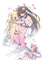 3girls :3 :o ahoge anyoji_hime armpit_crease arms_around_neck bare_shoulders blonde_hair blue_eyes blue_hair blush bow breasts brown_hair carrying closed_eyes clothing_cutout commentary_request dress fang fang_out fujishima_megumi full_body gradient_clothes gradient_dress gradient_hair hair_bow hair_ribbon hamayumiba_sou heavy highres interlocked_fingers large_breasts layered_dress link!_like!_love_live! link_to_the_future_(love_live!) long_hair looking_at_another love_live! lying medium_dress mira-cra_park! multicolored_hair multiple_girls official_alternate_costume on_back open_mouth osawa_rurino own_hands_clasped own_hands_together parted_bangs pink_dress pink_hair ponytail princess_carry purple_eyes ribbon short_sleeves shoulder_cutout sidelocks simple_background skin_fang smile trembling twintails two_side_up u_u v-shaped_eyebrows very_long_hair virtual_youtuber white_background white_bow white_ribbon