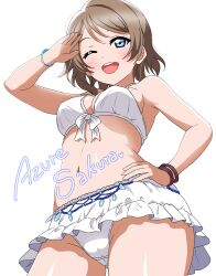 Rule 34 | 1girl, absurdres, artist name, azuresakura, belly chain, bikini, bikini skirt, blue eyes, bracelet, breasts, brown hair, commentary, crotch seam, front-tie bikini top, front-tie top, hand on own hip, highres, jewelry, looking at viewer, love live!, love live! sunshine!!, medium breasts, navel, one eye closed, open mouth, salute, short hair, signature, simple background, smile, solo, standing, swimsuit, watanabe you, white background, white bikini