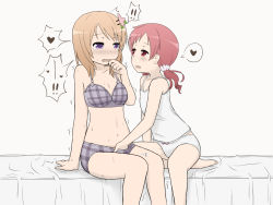 Rule 34 | 2girls, :d, age difference, bare shoulders, barefoot, bed sheet, blush, bow, bow panties, bra, breasts, camisole, cleavage, closed eyes, collarbone, commentary request, eye contact, fingering, flat chest, gochuumon wa usagi desu ka?, hair ornament, hair over shoulder, hair scrunchie, hairclip, hand in panties, hand to own mouth, heart, hoto cocoa, karigane yuuma, long hair, looking at another, medium breasts, multiple girls, natsu megumi, navel, onee-loli, open mouth, orange hair, panties, parted bangs, pink scrunchie, plaid, plaid bra, purple bra, purple eyes, purple panties, red eyes, red hair, scrunchie, shirt, sitting, sleeveless, sleeveless shirt, smile, spoken heart, stomach, sweat, tearing up, trembling, twintails, underwear, underwear only, wavy mouth, white background, white panties, white shirt, yuri