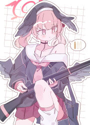 Rule 34 | 1girl, bag, beret, black hat, black shirt, black wings, blue archive, blush, bolt action, bullet, closed mouth, collarbone, cowboy shot, feathered wings, gun, halo, hat, head wings, highres, holding, holding gun, holding weapon, knee up, kneehighs, koharu (blue archive), long sleeves, loose socks, miniskirt, neckerchief, outline, p14 enfield, pink eyes, pink hair, pink neckerchief, pleated skirt, rco as, red halo, red skirt, rifle, sailor collar, sailor shirt, school bag, shirt, single off shoulder, skirt, sleeves past wrists, socks, solo, speech bubble, twintails, weapon, white outline, white sailor collar, white socks, wings