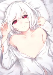 Rule 34 | 1girl, akira (otokuyou), albino, arms up, bad id, bad pixiv id, blouse, closed mouth, collarbone, dress shirt, dutch angle, expressionless, flat chest, highres, looking at viewer, lying, naked shirt, no nipples, on back, open clothes, open shirt, original, otokuyou, pillow, red eyes, shirt, solo, swept bangs, upper body, white hair
